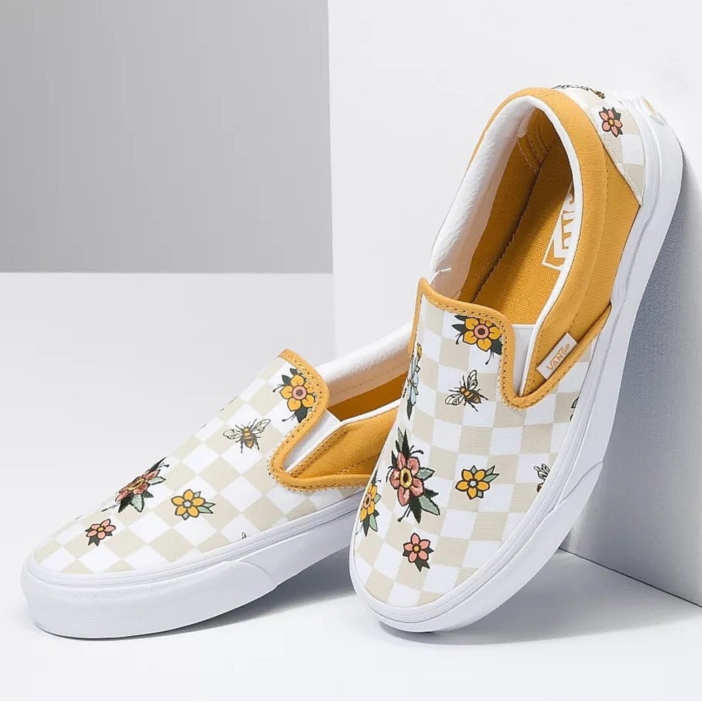 Vans Sneakers Classic Slip on Floral Bees Checkerboard Cottage Check Size 8